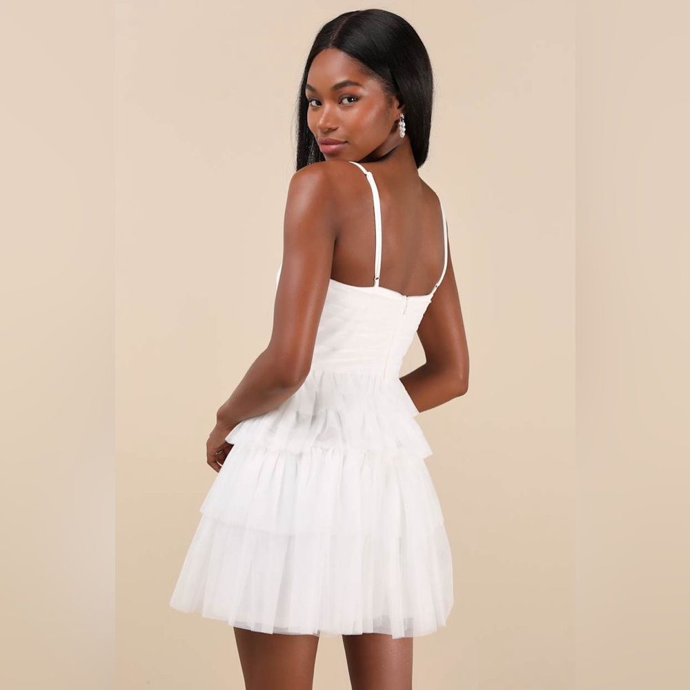 NWT Lulus Special Poise White Tulle Pleated Sleeveless Tiered Mini Dress Large - Picture 4 of 7